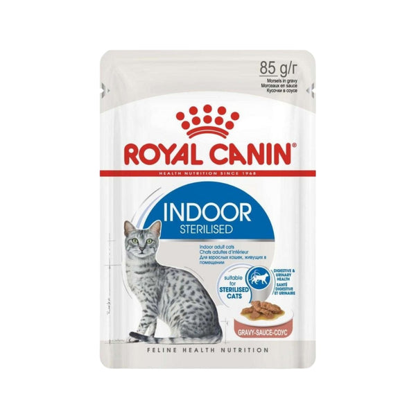 Royal Canin Indoor Sterilised Gravy Cat Wet Food: Balanced nutrition for indoor cats. - Front Pouch 