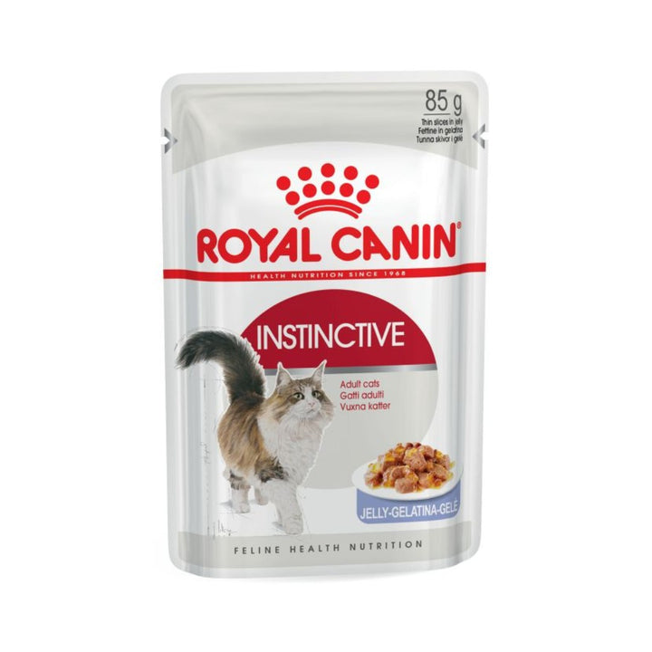 Pouches of Royal Canin Instinctive Adult Jelly Wet Cat Food surrounded by happy adult cats enjoying their meal.