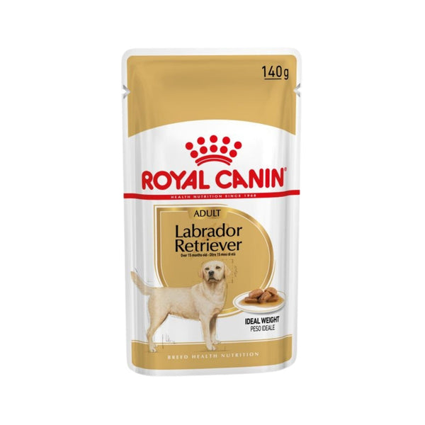 Royal Canin Labrador Retriever Gravy Dog Wet Food - Wet food chunks in gravy for adult and mature Labradors. front Pouch 