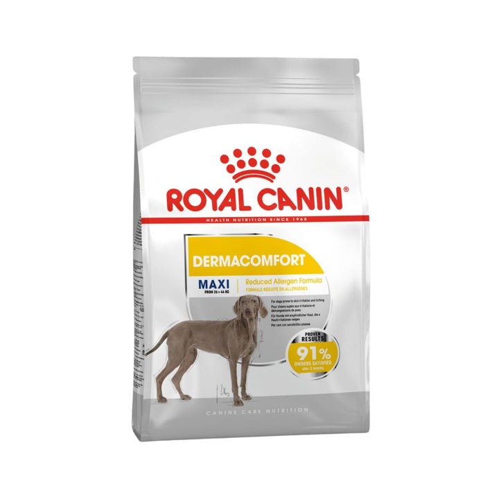 Royal Canin Maxi Dermacomfort Dog Dry Food Complete feed for adult dogs and sizeable mature breed dogs (from 26 to 44 kg) Over 15 months old with Dogs prone to skin irritation and itching.