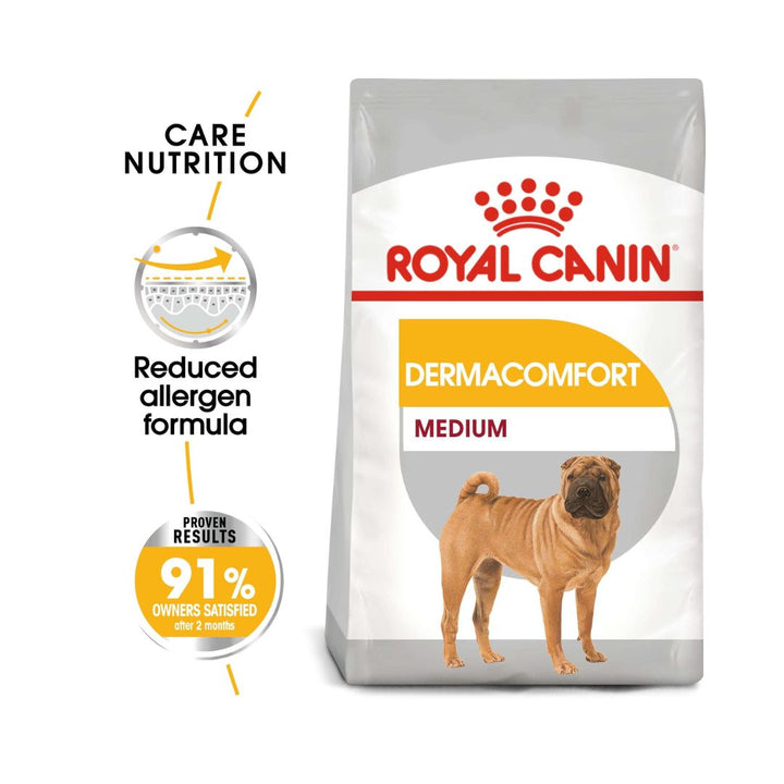 Royal Canin Care Nutrition Medium Dermacomfort is formulated to meet the unique nutritional needs of medium dogs over 12 months old, between 23-55 lbs, prone to skin irritations and itching 2.