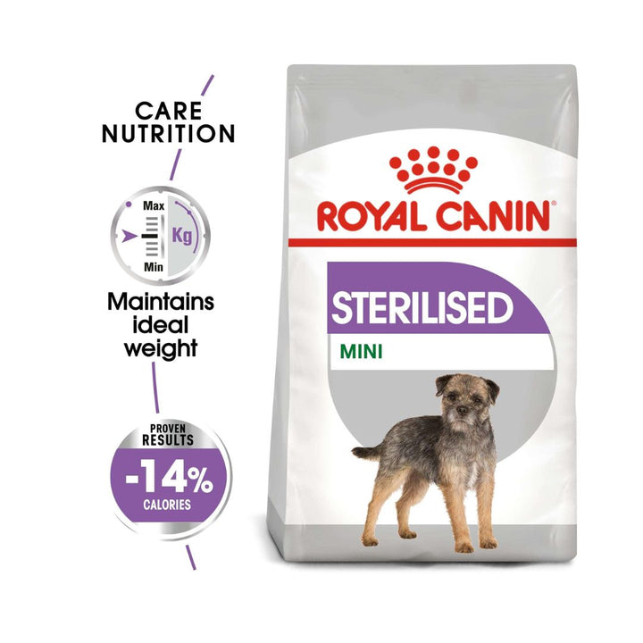 Royal Canin Mini Sterilized Adult For neutered adult dogs Combining high protein content (30%) and moderate fat intake (13%) helps maintain an ideal weight 2.