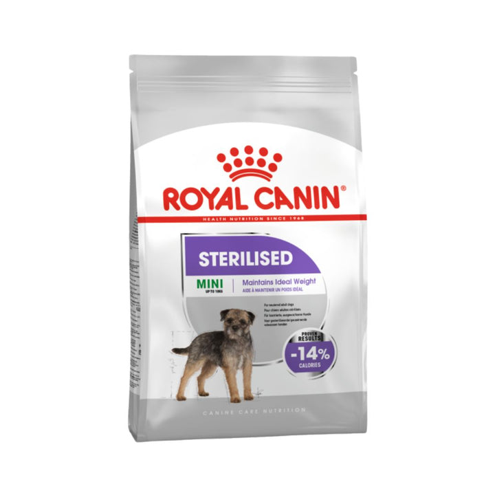 Royal Canin Mini Sterilized Adult For neutered adult dogs Combining high protein content (30%) and moderate fat intake (13%) helps maintain an ideal weight.