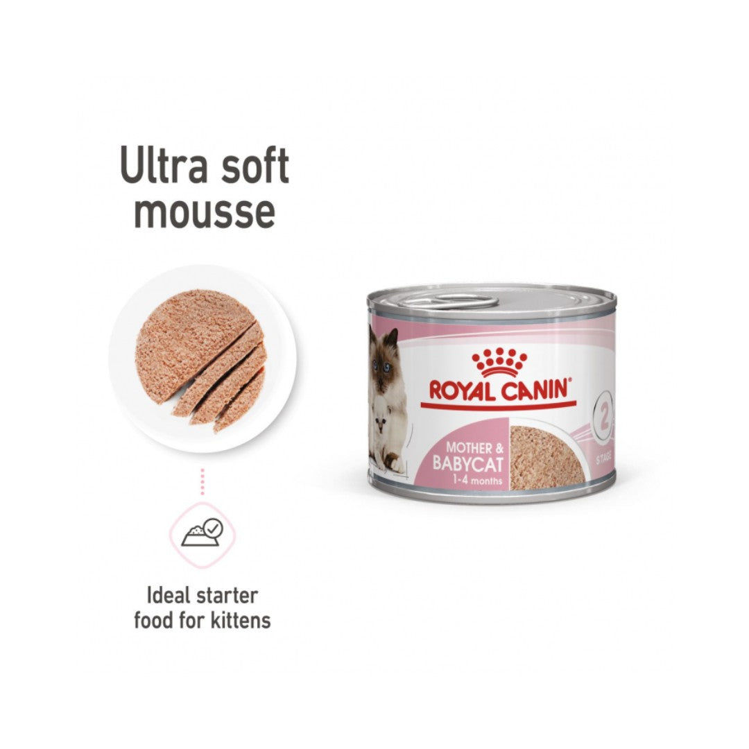 ROYAL CANIN® Mother & Babycat (Mousse) is formulated to meet the nutritional needs of gestating or lactating queens and 1 to 4-month-old kittens during their 1st age. It