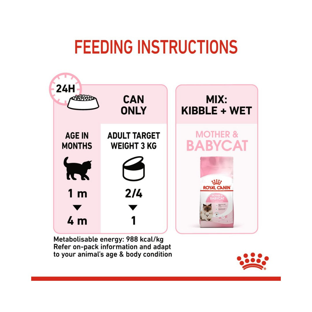 ROYAL CANIN® Mother & Babycat (Mousse) is formulated to meet the nutritional needs of gestating or lactating queens and 1 to 4-month-old kittens during their 1st age. It