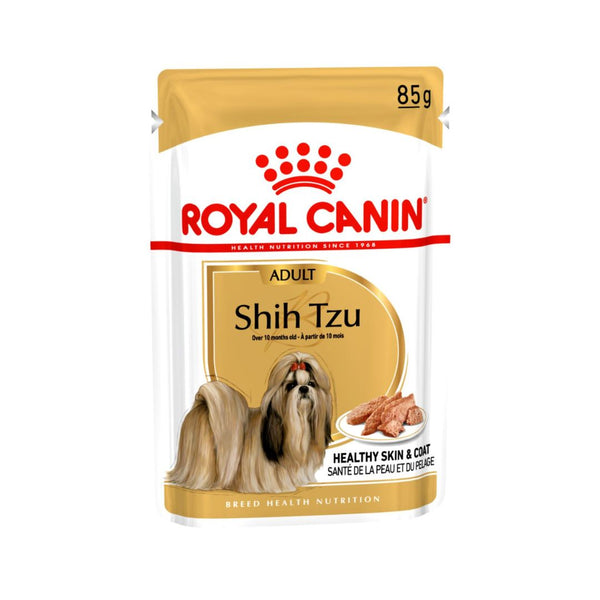 Indulge your adult and mature Shih Tzu with the exquisite taste and targeted nutrition of Royal Canin Shih Tzu Adult Dog Wet Food, a complete feed designed specifically for the unique needs of Shih Tzu over ten months old.