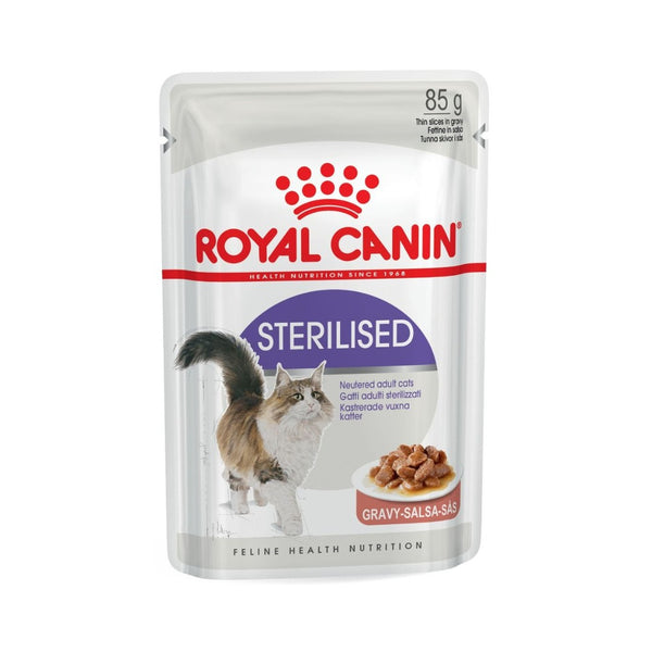 Royal Canin Sterilised Gravy Wet Cat Food: A can of wet cat food, specially formulated for neutered adult cats' balanced nutrition and urinary health.