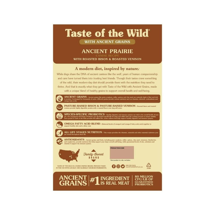 Taste Of The Wild Ancient Prairie Bison Venison Dog Dry Food combines pasture-raised bison, pasture-raised venison, and ancient grains 3.