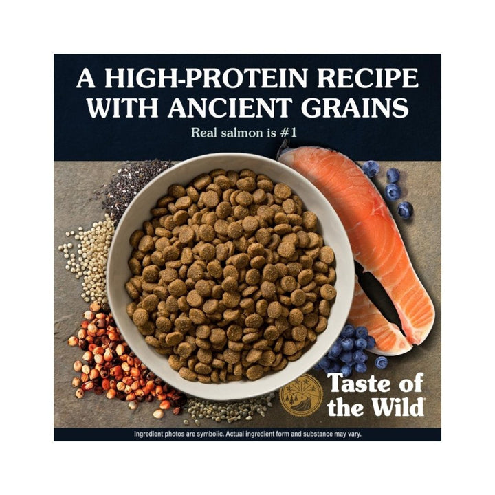 Taste Of The Wild Ancient Stream Salmon Dog Dry Food Rich in omega fatty acids for healthy skin and a shiny coat, this recipe features sustainably sourced salmon and nutrient-dense ancient grains as its number one ingredient 2.