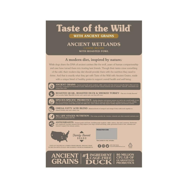 Taste Of The Wild Ancient Wetland Fowl Dog Dry Food Roasted quail, roasted duck, and smoked turkey combine for a dog diet rich in highly digestible protein 4.