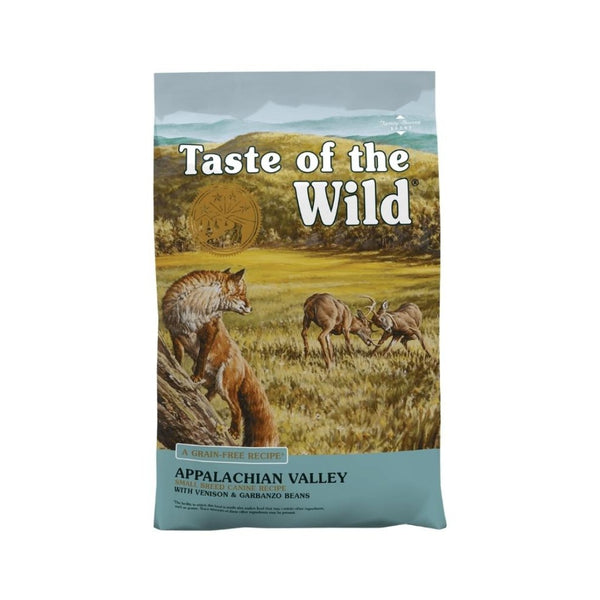 Taste Of The Wild Appalachian Valley Small Breed Canine Recipe with Venison & Garbanzo Beans. Rich in protein and fat, this formula provides the energy active small dogs need. Highly digestible venison and small kibble size make this formula easy on your small breed dog’s tummy and teeth. 