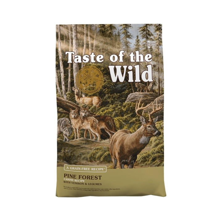 Elevate your dog's dining experience with Taste Of The Wild Pine Forest Venison and Legumes Dog Dry Food—crafted for a taste of the wild that nourishes and delights your canine companion.