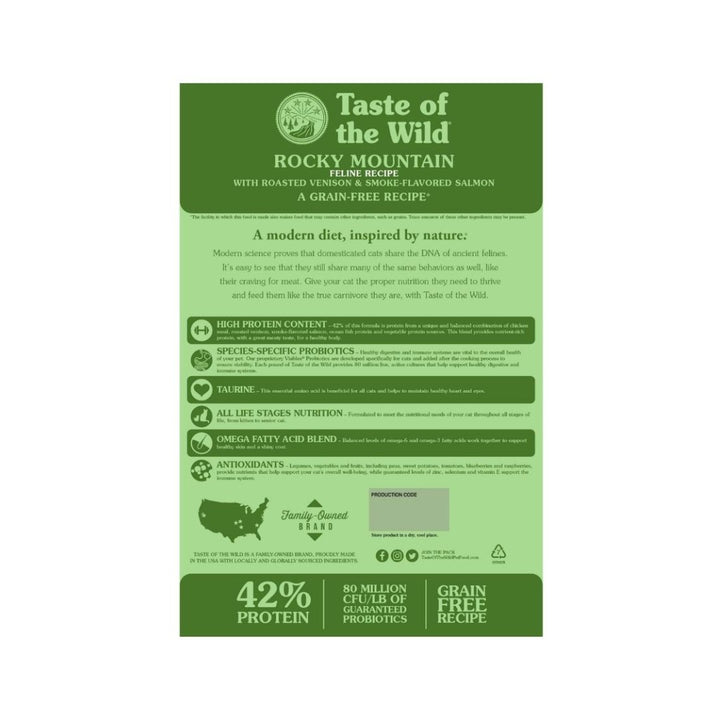 Taste of The Wild rocky mountain feline cat dry food delicious based on smoked salmon and venison. A grain-free cat food formula for all cats regardless of age 3.