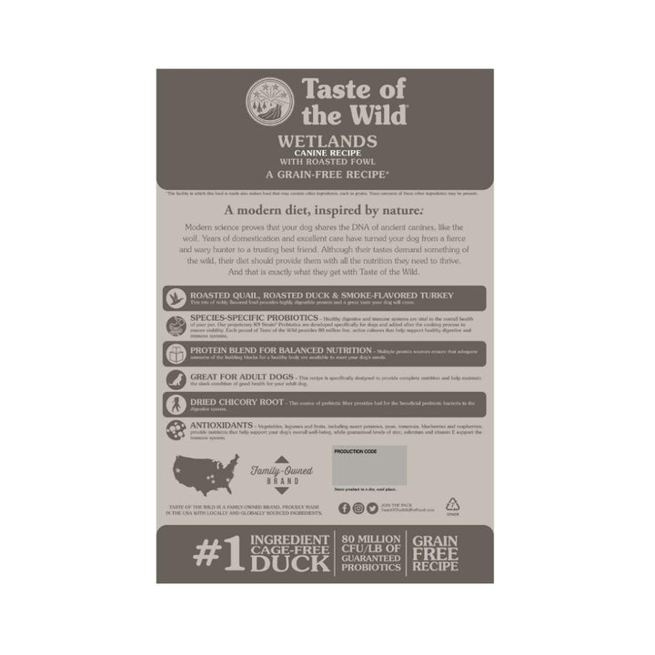 Taste Of The Wild wetlands roasted fowl dog dry food with 32% protein. This formula contains highly digestible energy from duck, quail, turkey, and nutrient-packed vegetables, legumes, and fruits 3. 