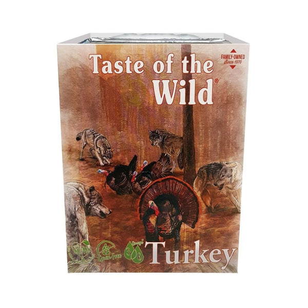 Taste Of The Wild turkey and duck with fruit and vegetable complete dog wet food; this dog food was created to give domestic dogs the vitality nature intended.