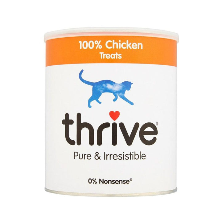 Thrive Cat Chicken Treats Only the finest Chicken Breast fillet is used in these treats. The chicken is cut into small cubes and freeze-dried to retain all the nutrients and enhance the naturally delicious flavors. Feed as a treat at any time.
