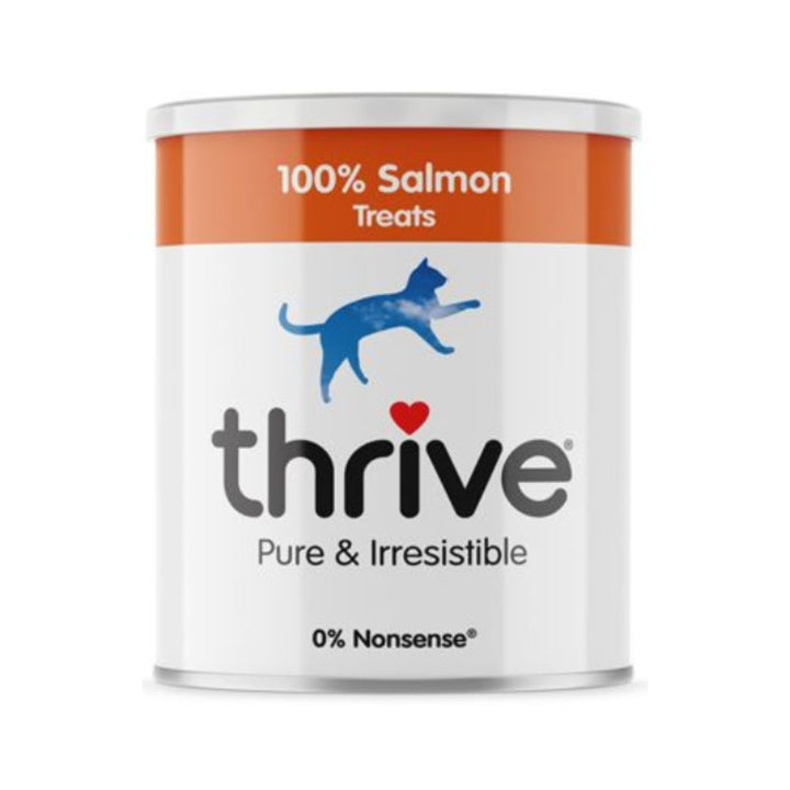 Thrive Salmon Cat Treats real Salmon pieces. Thrive isn’t made with derivatives only with 100% Salmon, and 0% Nonsense. Feed as a treat at any time.