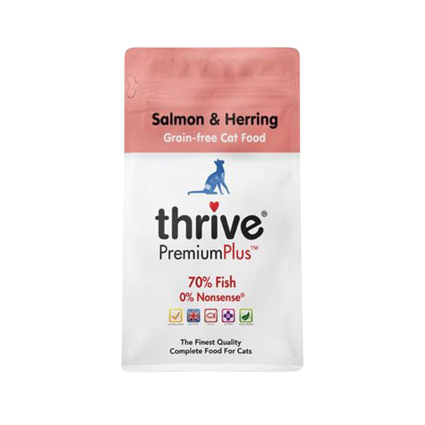 Thrive Salmon & Herring Cat Dry Food PremiumPlus™ Salmon & Herring is made with over 70% fish and contains high levels (5.6%) of Omega-3 and -6 fats. 