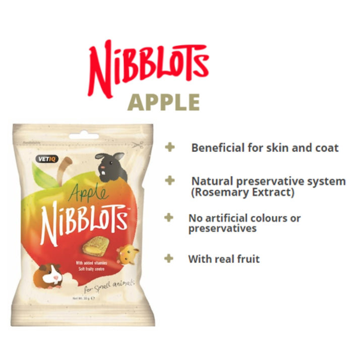 Nurture your small animal's well-being with VetIQ Nibblots Apple Treats – a meticulously formulated delight designed to support their overall health.