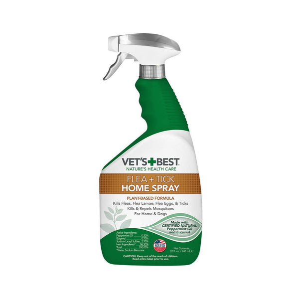 Vet’s Best Flea and Tick Home Spray kills fleas, flea larvae, flea eggs, ticks, and mosquitoes by contact. safe to use at home and dogs over 12 weeks and older.