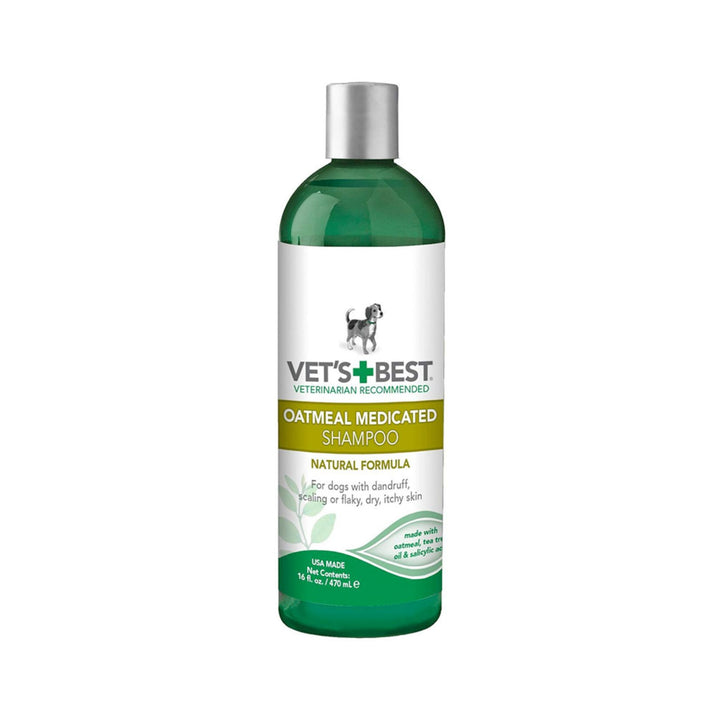 Image of Vet’s Best Oatmeal Medicated Dog Shampoo - A 16oz bottle designed to eliminate dandruff, soothe, and moisturize dog skin with natural ingredients.