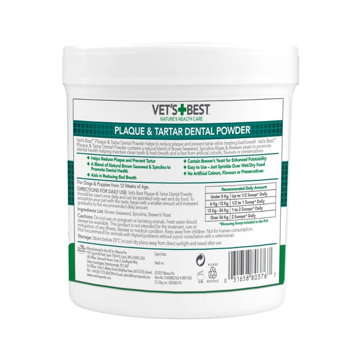 Vet’s Best Advanced Dental Powder for Dogs contains a natural blend of brown seaweed and spirulina to support teeth cleaning and keep teeth clean and fresh.2