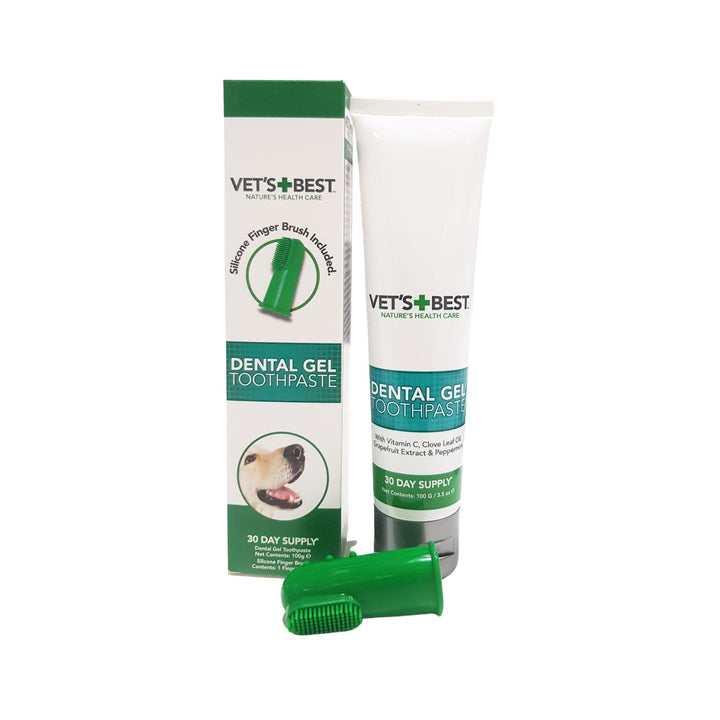 Image of Vet's Best Dog Dental Gel with Silicone Finger Brush - A 100g squeeze tube and silicone finger brush designed for easy and effective oral care for dogs.