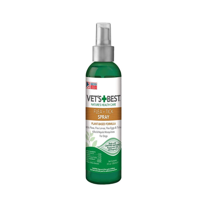 Image of Vet’s Best Flea and Tick Home Dog Treatment Spray - An 8oz bottle designed to kill fleas, ticks, and repel mosquitoes using natural ingredients like peppermint oil and eugenol.