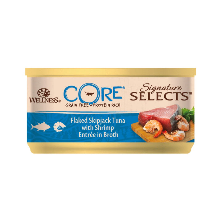 Wellness CORE Signature Selects Flaked Skipjack Tuna with Shrimp Entree Cat Wet Food in Broth are complete and balanced meals that naturally deliver protein.