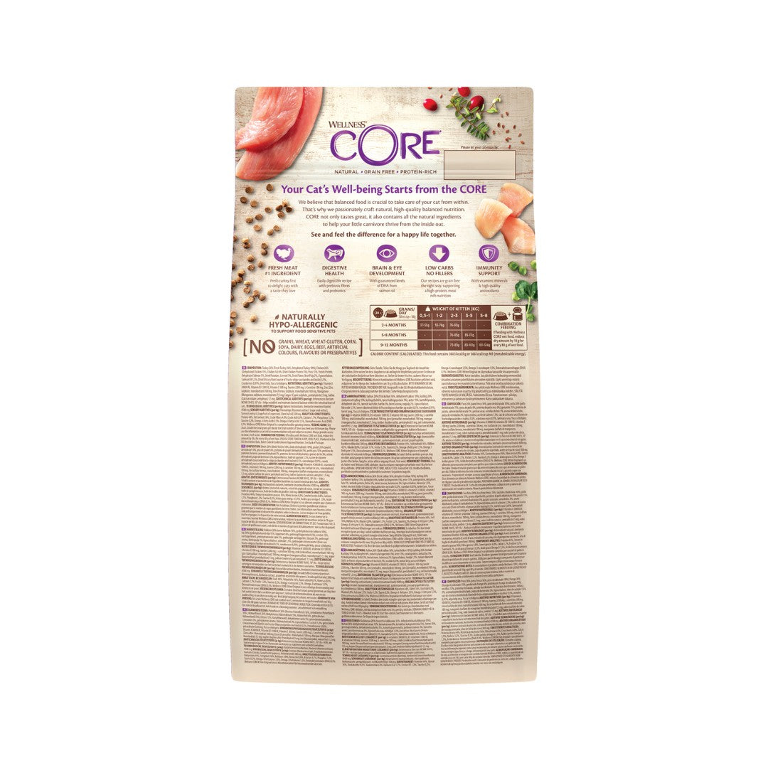 Wellness Core Turkey with Chicken Kitten Dry Food's natural food recipe is packed with animal protein, like fresh turkey or salmon, without fillers or grains 2.