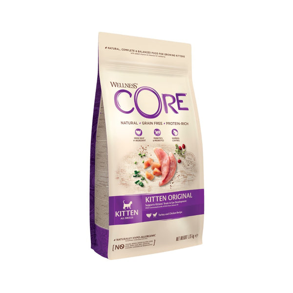 Wellness Core Turkey with Chicken Kitten Dry Food's natural food recipe is packed with animal protein, like fresh turkey or salmon, without fillers or grains.