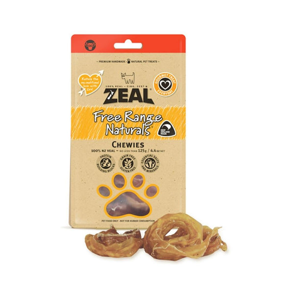 Zeal Chewies Dog Treats 100g Natural sodium and potassium content. A hard chew and a doggie Favorite100% Dried New Zealand Veal Tendons.