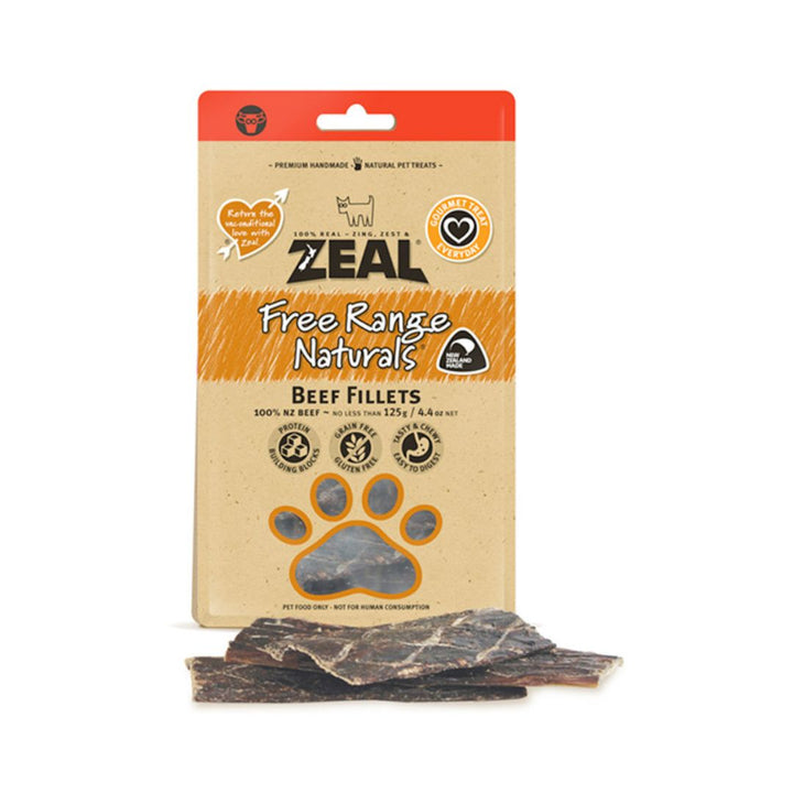 Zeal Dried Beef Fillets Dog Treats 125g Tasty and tender – a healthy treat for weight watching. Low calorie, low in cholesterol, and low fat!