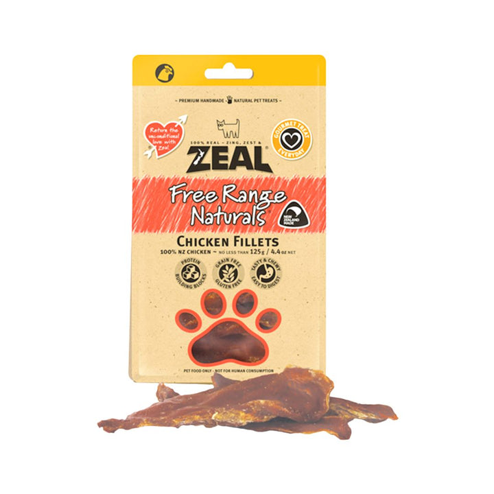 Zeal Dried Chicken Fillet Dog Treats These nutritious, tasty, tender treats are healthy for weight-watching. They are great for training as they can be broken into small bits. 100% Dried Free Range Chicken Breast Fillets.