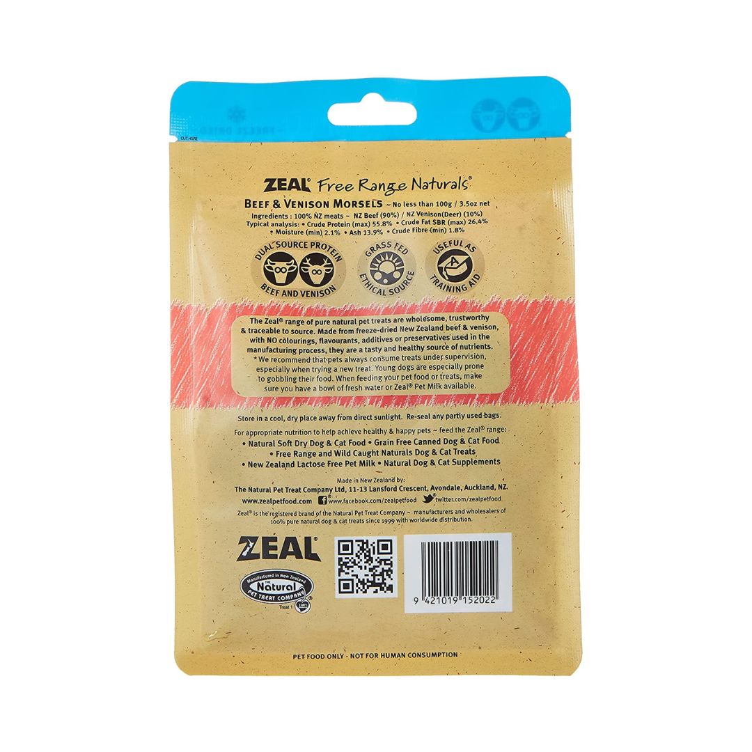 Zeal Free Range Beef & Venison Morsels Dog Treats - back label