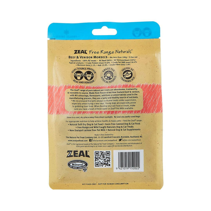 Zeal Free Range Naturals Beef & Venison Morsels 100g. ZEAL® 100% Pure Natural pet treats are wholesome, trustworthy, and traceable to source Back.