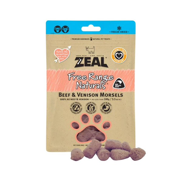 Zeal Free Range Naturals Beef & Venison Morsels 100g. ZEAL® 100% Pure Natural pet treats are wholesome, trustworthy, and traceable to source.