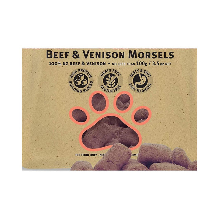 Zeal Free Range Naturals Beef & Venison Morsels 100g. ZEAL® 100% Pure Natural pet treats are wholesome, trustworthy, and traceable to source info.