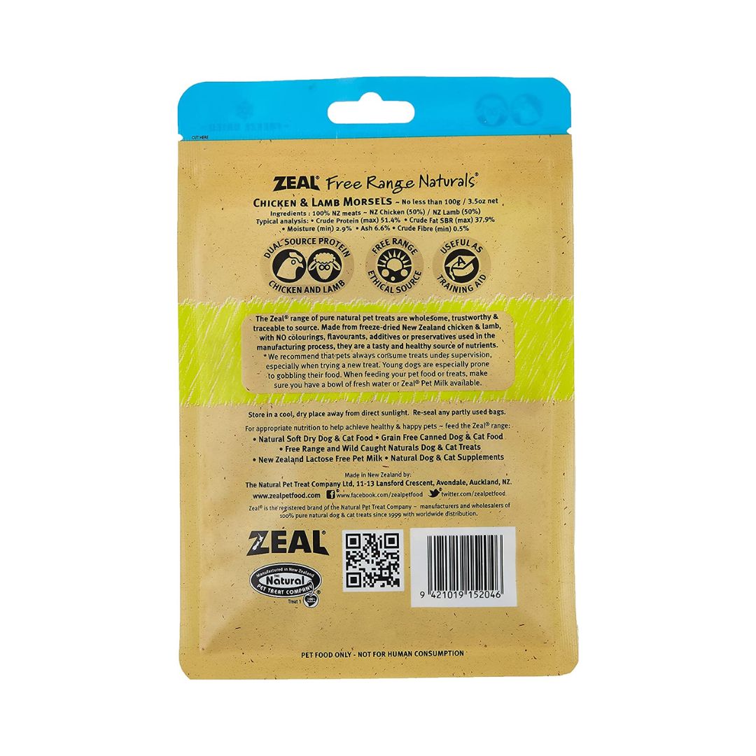 Zeal Chicken and Lamb Morsels Dog Treats - back label