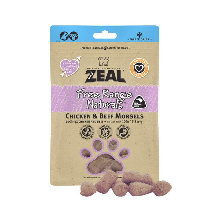 Zeal Freeze Dried Chicken & Beef Morsels Cat Treats, Tasty and soft, is a healthy treat for cats and dogs of all sizes and ages.