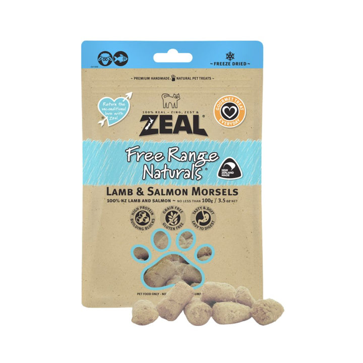 Zeal Freeze Dried Lamb & Salmon Morsels Cat Treats Tasty and soft; this is a healthy treat for cats and dogs of all sizes and ages.