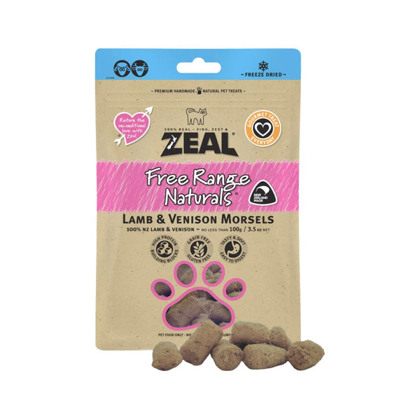 Zeal Freeze Dried Lamb & Venison Morsels Cat Treats Tasty and soft; this is a healthy treat for cats and dogs of all sizes and ages. 100% Freeze Dried New Zealand Lamb and Venison