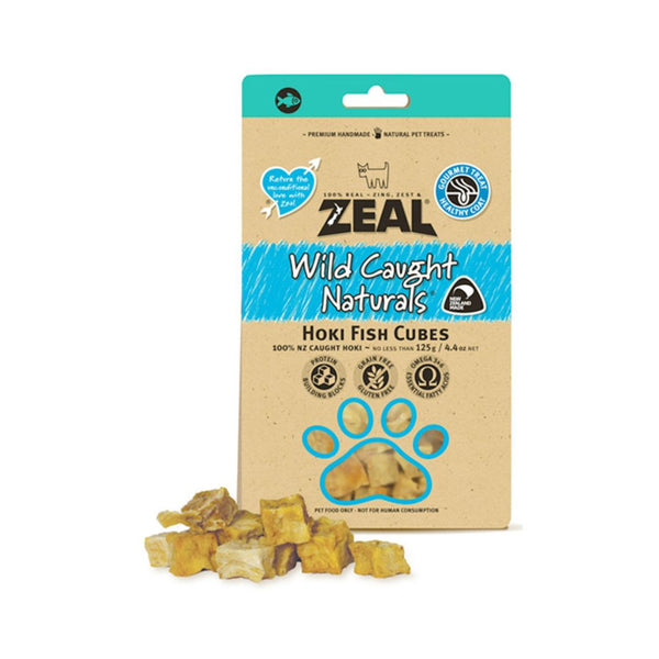 Zeal Hoki Fish Cubes Dog and Cat Treats are nutritious and tasty treats rich in vitamins & minerals and essential fatty acids like Omega-3 & Omega-6. 100% Dried New Zealand Hoki Fish Cubes.