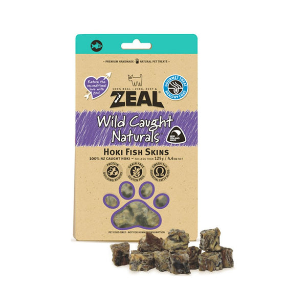 Zeal Hoki Fish Skin Dog and Cat Treats This nutritious, tasty treat is packed with highly digestible protein and a rich source of Omega 3 100% Dried New Zealand Hoki Fish Skins.