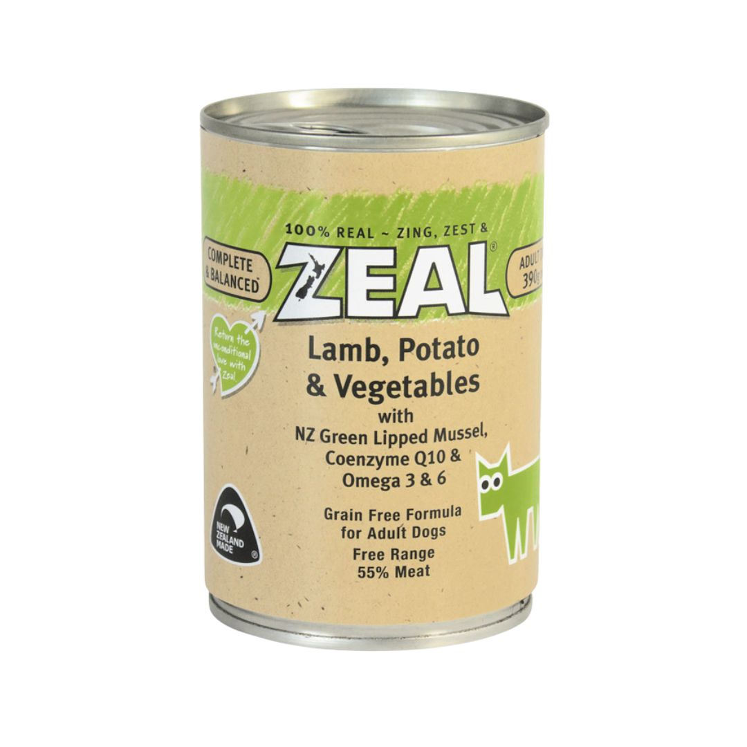 Zeal Lamb & Potato Dog Wet Food 390g - front packaging