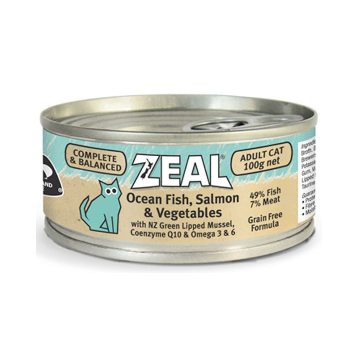 Zeal Ocean Fish, Salmon & Vegetable 100g Complete and Balanced 100% Natural Zeal® Grain Free Canned cat food with NZ Green Lipped Mussel, Coenzyme Q10 & Omega 3 & 6.