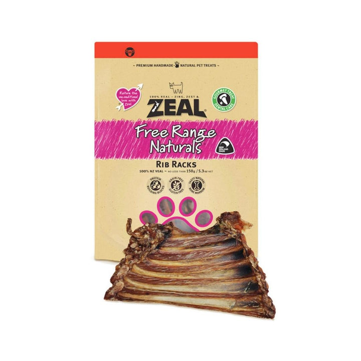 Zeal Rib Racks Dog Treats A whole rack of individual veal ribs. Meaty & rich in red marrow, with easily digested soft bones.