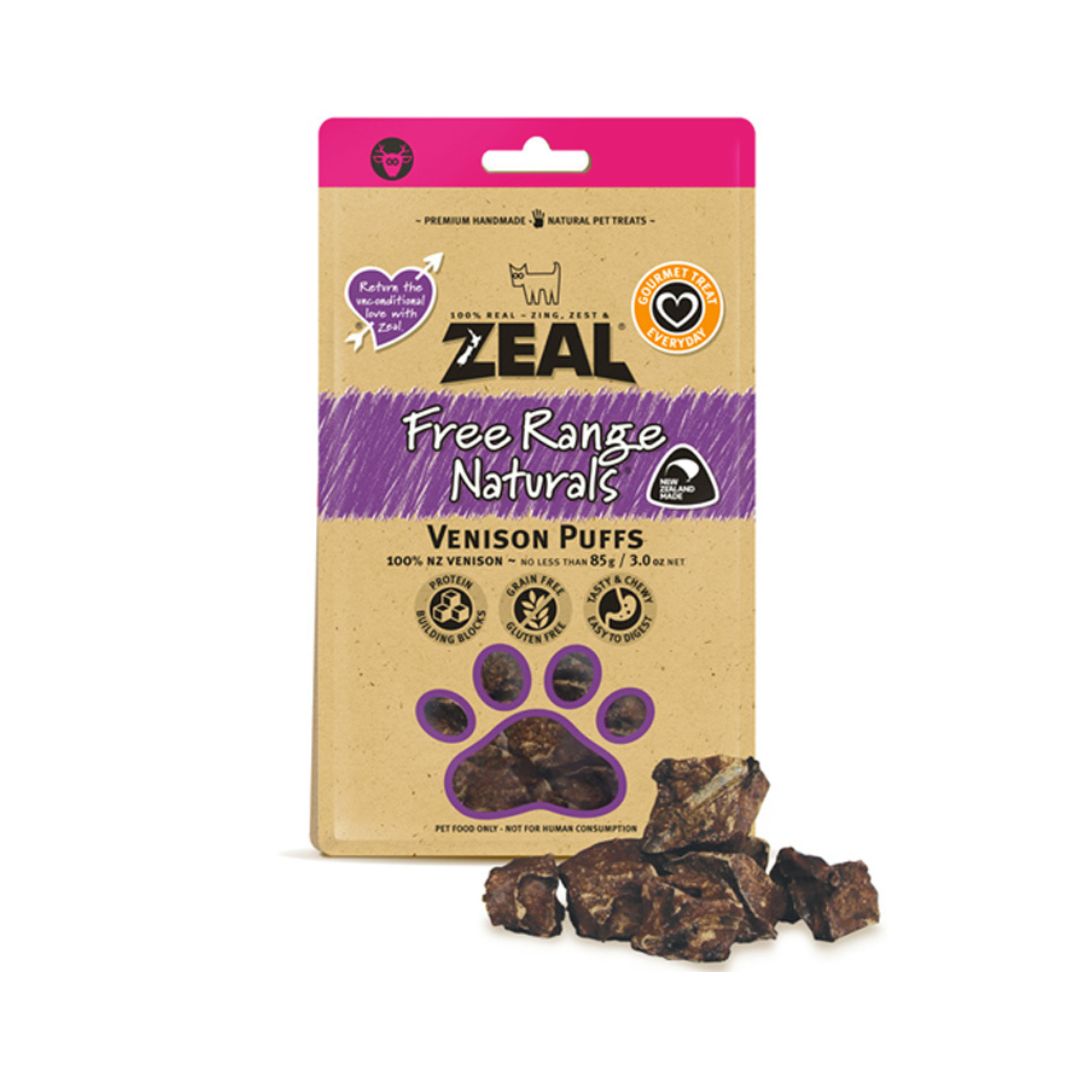 Zeal Venison Puffs Dogs and Cats Treats - front packaging