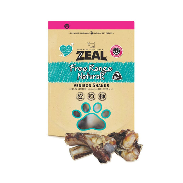 Zeal Venison Shanks Dogs Treats Long-lasting chew with a rich marrow reward inside. Regular chewing helps prevent plaque and tartar build-up. It makes a great toy and helps with teething issues.