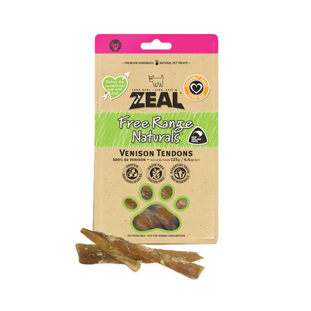 Zeal Venison Tendons Dog Treats 100g - front packaging